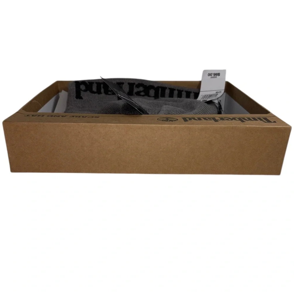 Timberland Men’s Scarf and Beanie Hat Set Gray with Black Name and Logo Print
